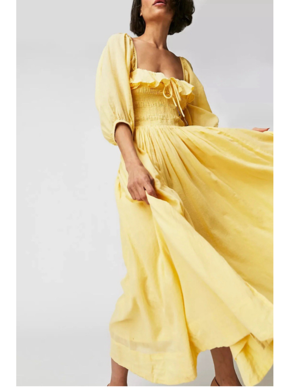 Free People Printed Oasis Smocked Square Neck Ruffle Midi Dress Pineapple Juice